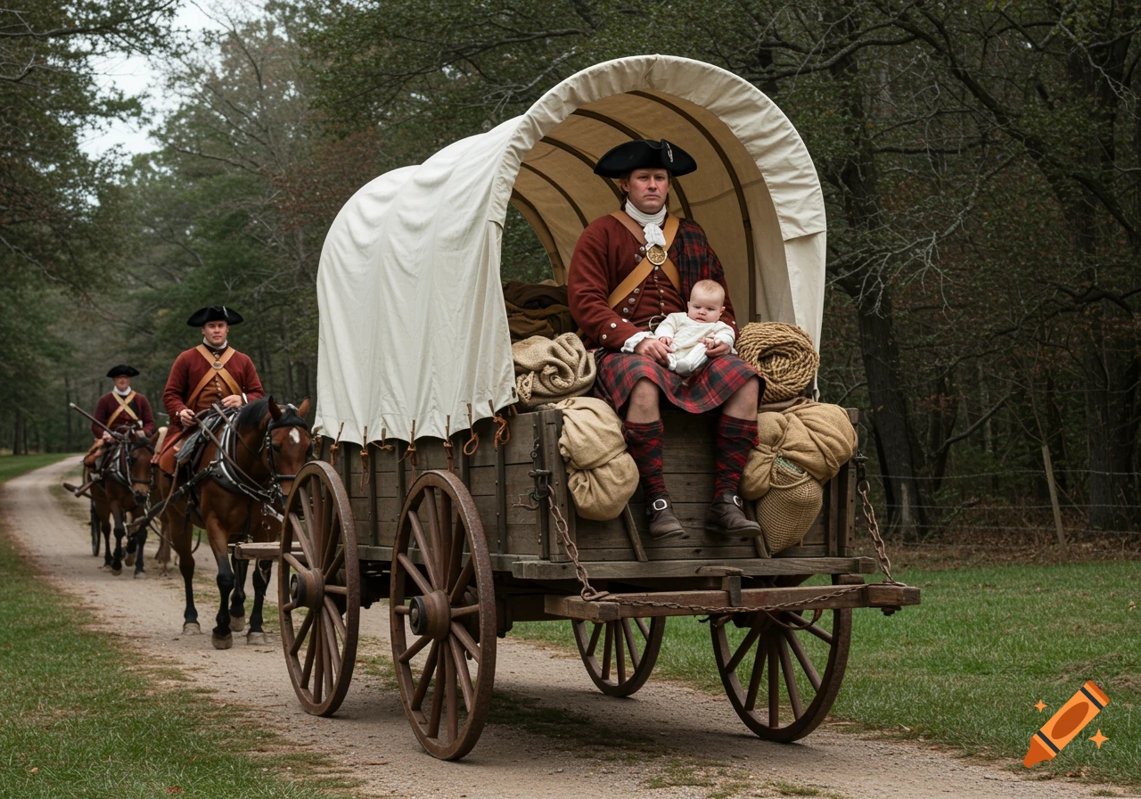 A man in historical Scottish Highlander and colonial attire sits in a covered wagon, holding an infant, as two men on horseback follow on a dirt road through a forest. Photorealistic.