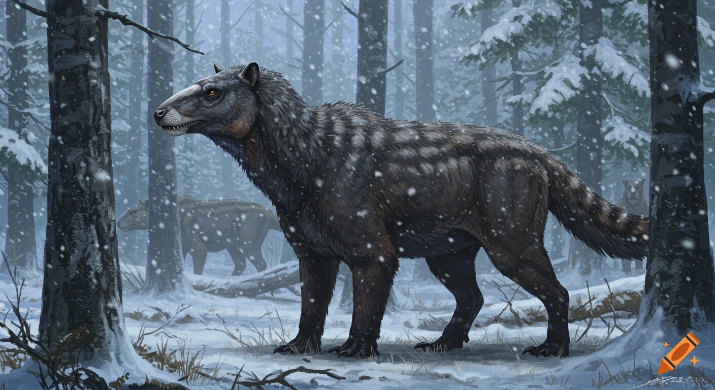 A large, dark Yutyrannus, a feathered dinosaur, stands in a snowy forest with snow falling. Other Yutyrannus are in the background.