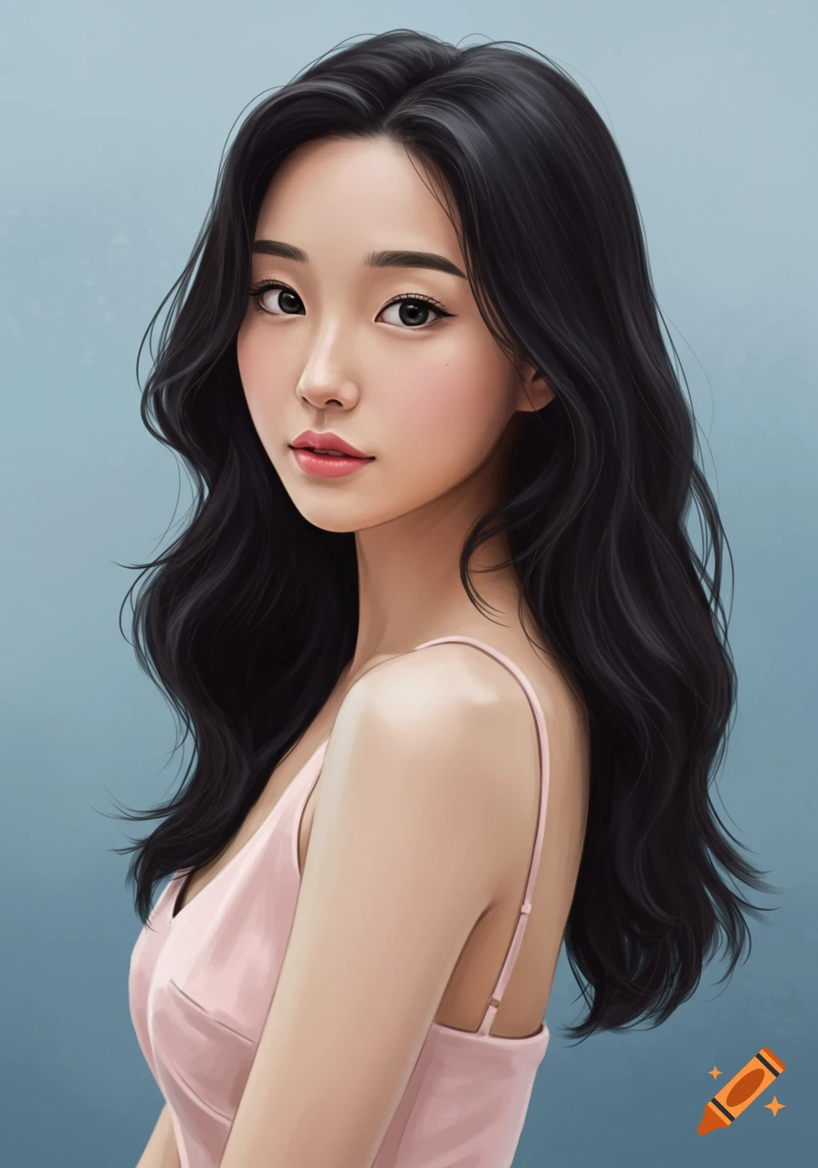 A digital art portrait of an Asian woman with long black wavy hair ...