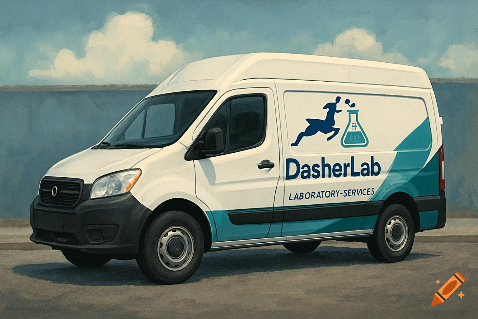 A white DasherLab delivery van with a blue logo of a running deer and a beaker, parked on asphalt with a blue sky background.