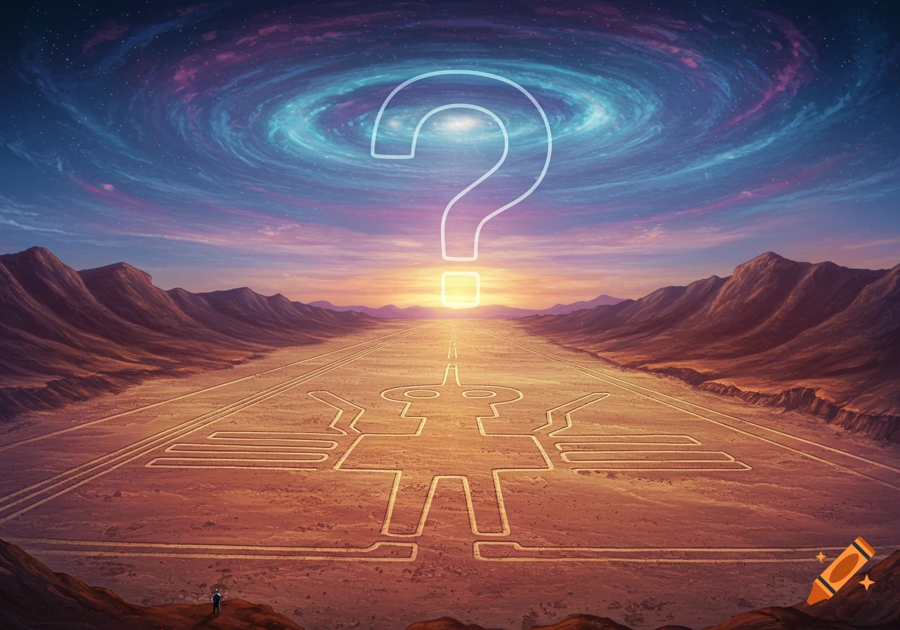 Mysterious desert landscape with Nazca Lines and a large glowing question mark under a swirling cosmic sunset sky.