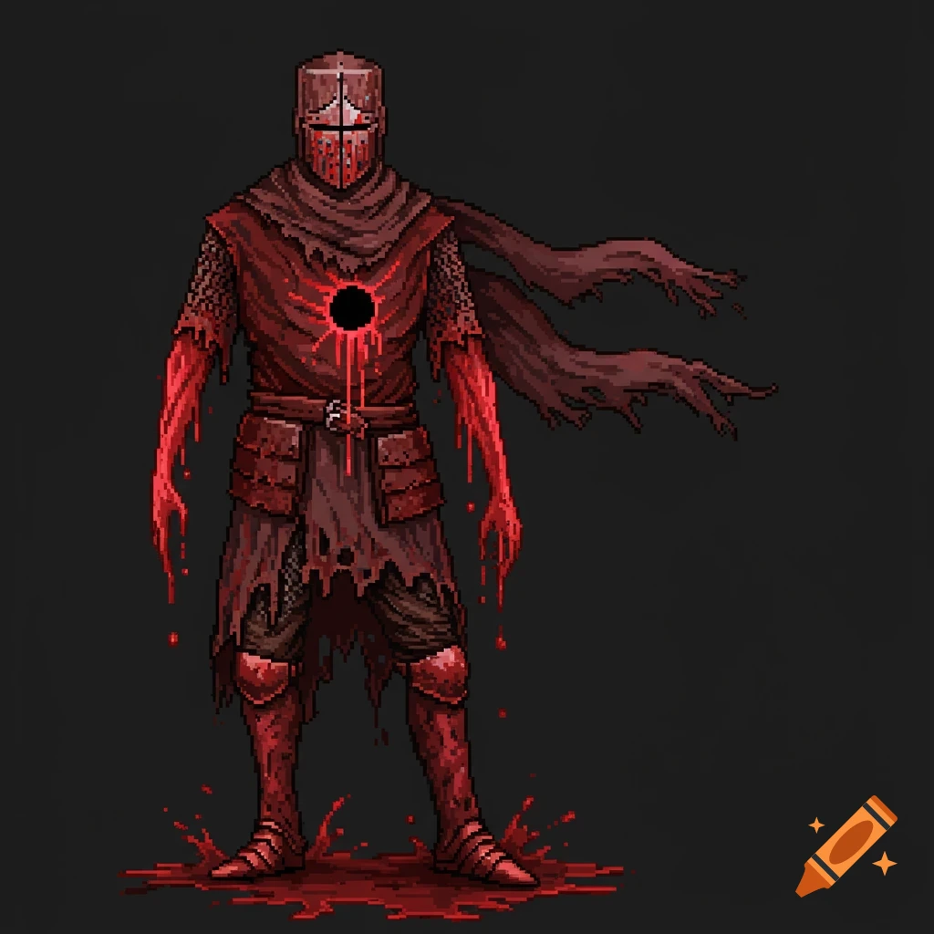 A pixelated knight-like figure in blood-soaked red armor with a black hole in his chest and blood dripping from his arms and chest, against a dark background.