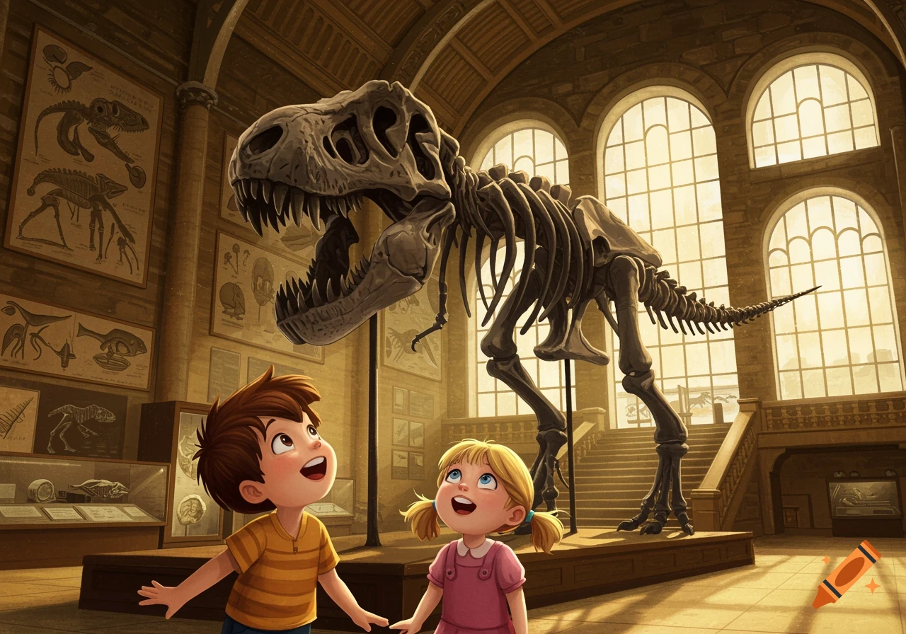 Two excited children gaze up at a towering T-Rex skeleton display in a museum.