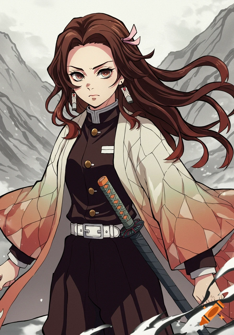 An anime character with brown hair and hazel eyes in a Demon Slayer uniform, holding a katana, against a snowy mountain backdrop.