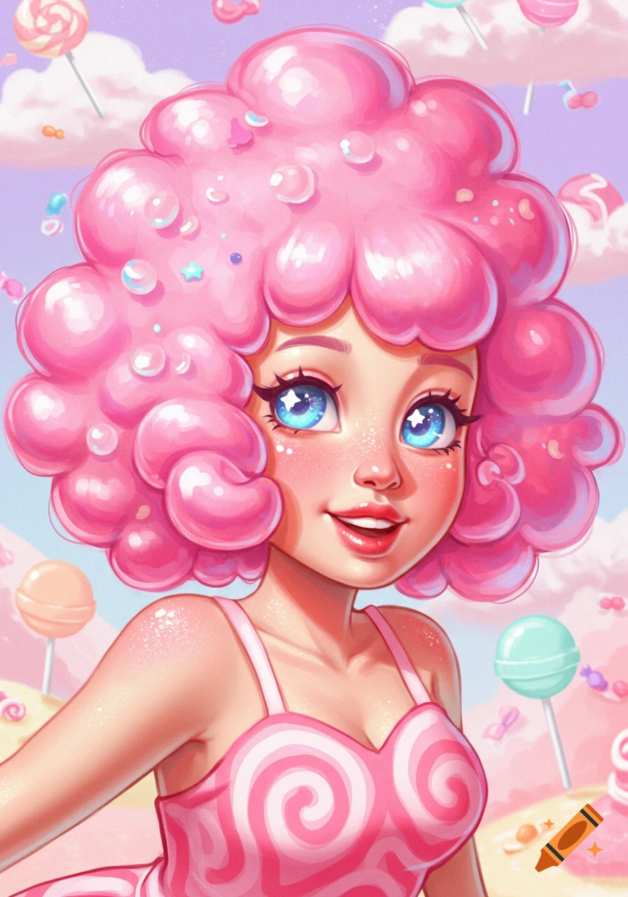 A cartoon-style girl with pink bubblegum hair and large blue eyes smiles in a candy land, wearing a pink swirly dress.