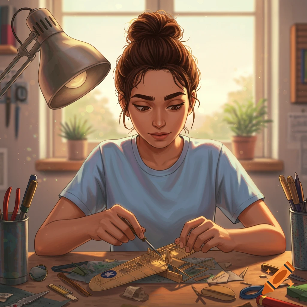 An illustration of a young woman intently building a model airplane at a desk under a desk lamp.