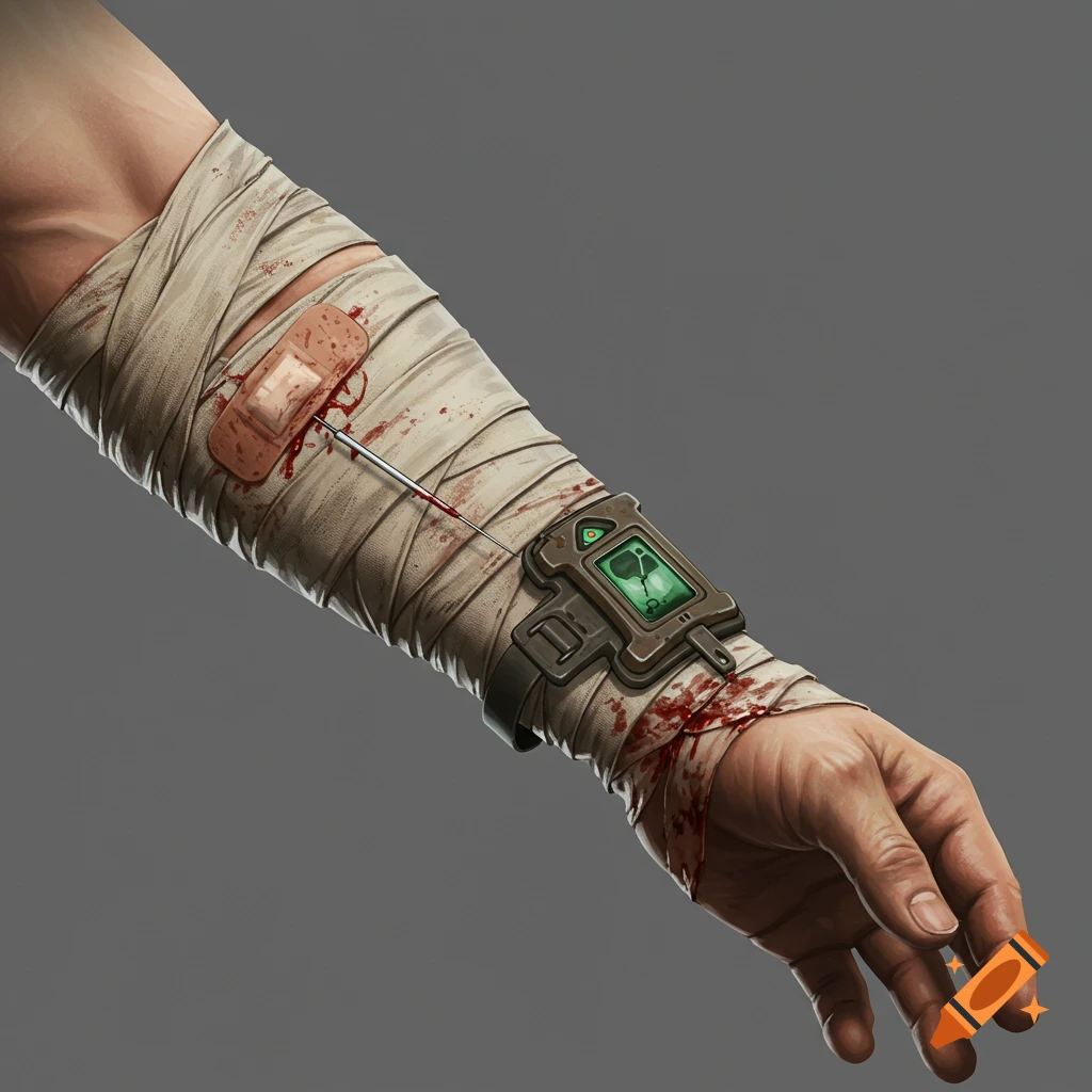 A bandaged, blood-stained arm with a stimpak needle injected and a futuristic device strapped to the wrist.