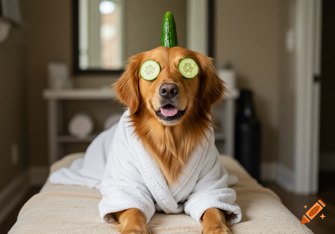 A golden retriever dog wearing a white robe and cucumber slices over its eyes, relaxing on a spa bed.