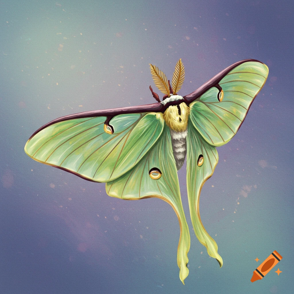 A vibrant green luna moth with long tails and yellow eye spots, depicted in a detailed digital illustration against a blurred purple background.