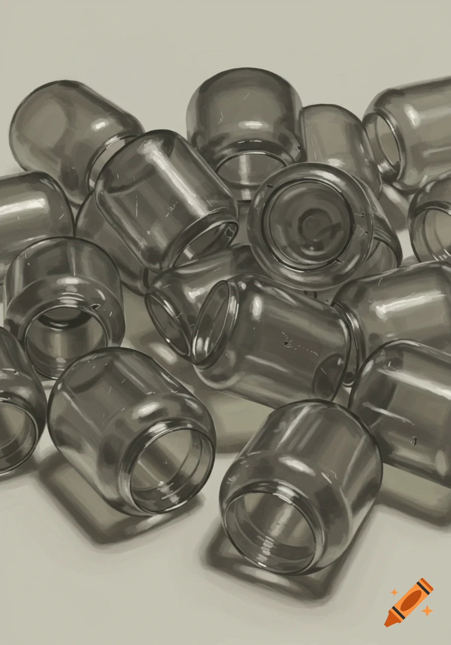 A pile of transparent empty glass jars on a light surface, rendered with realistic reflections and shadows.