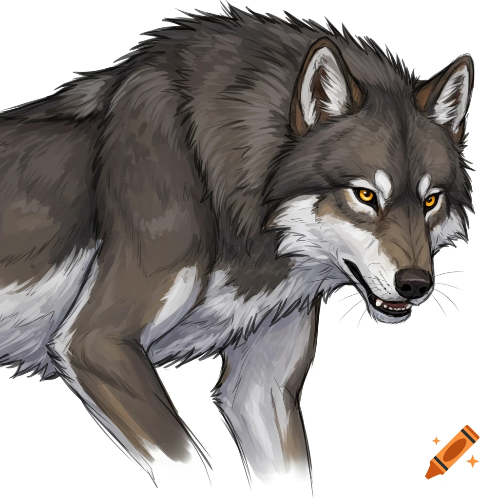 A stylized sketch of a wolf with amber eyes, looking forward with its mouth slightly open.
