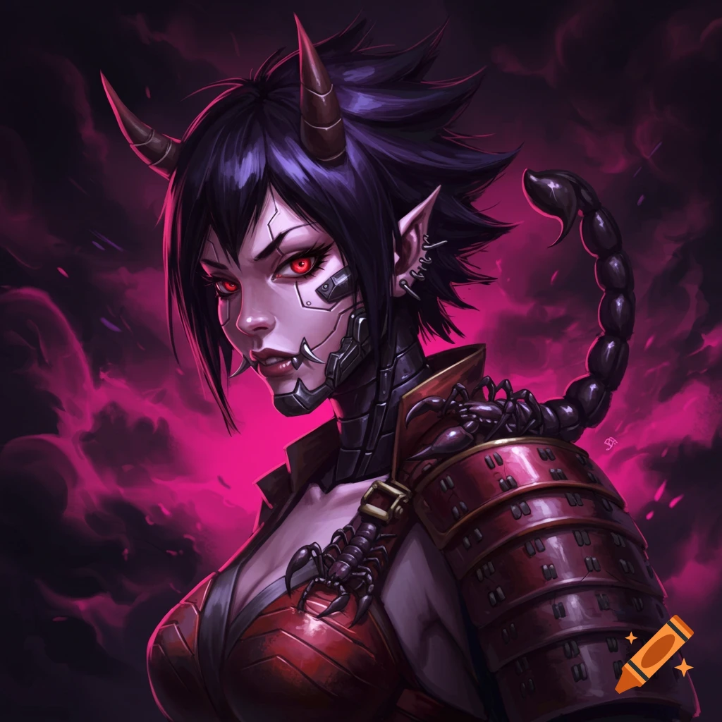 Close-up of a female demon cyborg with dark hair, red eyes, horns, and cybernetic implants, wearing red armor, with scorpions on her shoulder and a scorpion tail.