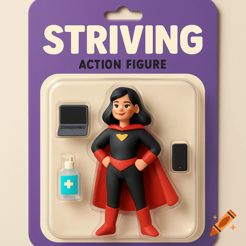 A female superhero action figure in a red and black costume with a cape, packaged in a purple blister pack with a laptop, hand sanitizer, and smartphone. Packaging reads 'STRIVING ACTION FIGURE'.