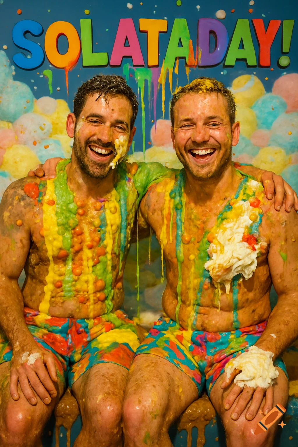 Two smiling men covered in colorful slime and food, embracing under 'SOLATADAY!' sign.