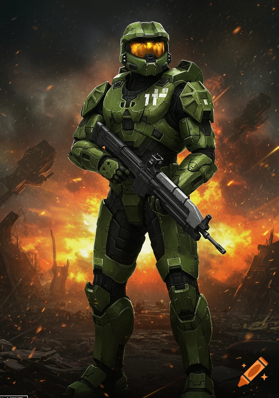 Master Chief from Halo in green armor holding a rifle amidst a fiery, battle-damaged landscape.