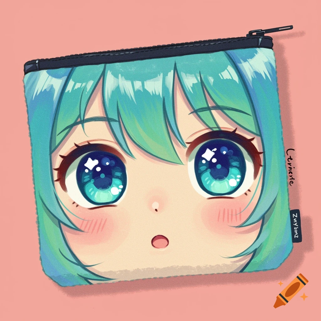 A close-up of a light blue anime-style pouch with large, sparkling blue eyes, light green hair, and rosy cheeks, against a pink background.