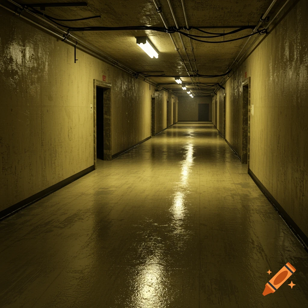 A long, dimly lit, narrow corridor with yellow-brown textured walls, a wet, reflective floor, and fluorescent lights on the ceiling, creating an eerie, liminal atmosphere.