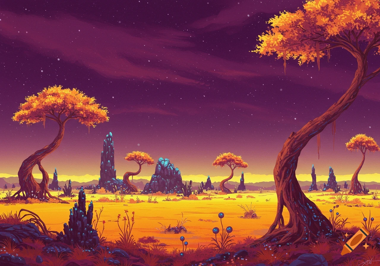 A vibrant pixel art alien landscape with orange-leaved trees and blue rock formations under a starry purple sky and orange ground.