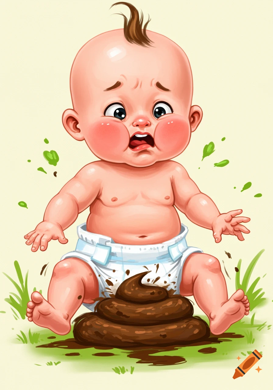 Cartoon illustration of a distressed baby in a diaper sitting next to a pile of poop on the ground.