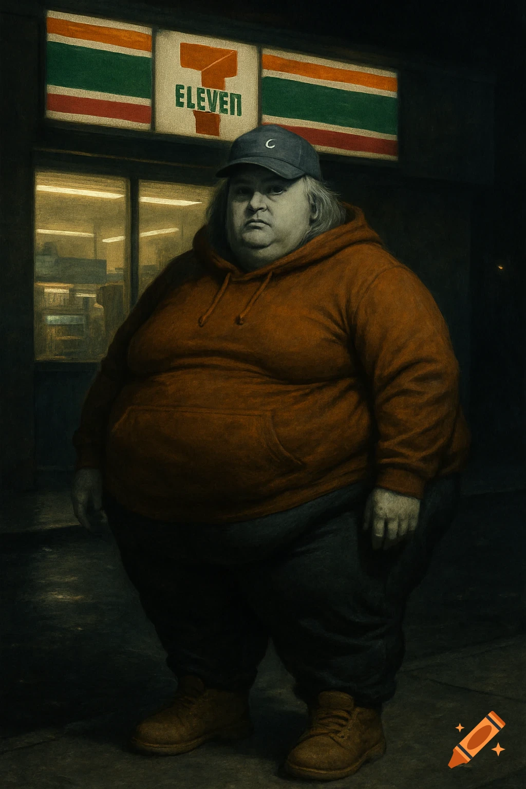 A morbidly obese person in an orange hoodie and cap stands outside a 7-Eleven store at night, a textured digital painting.