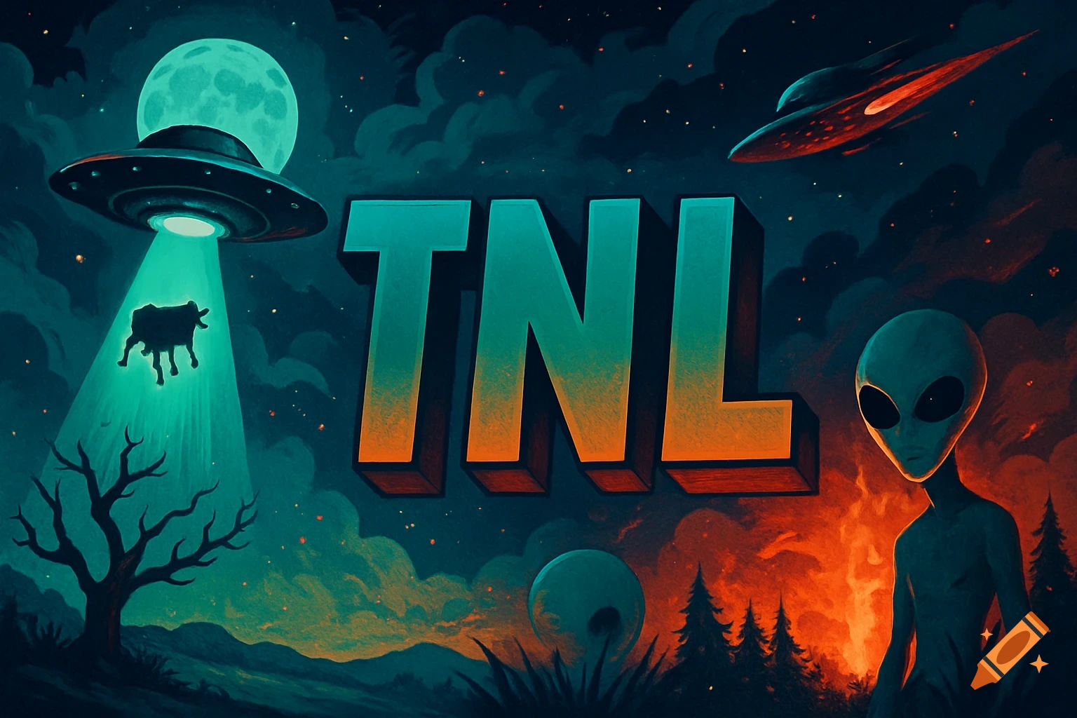 Large stylized letters TNL against a dark, alien-themed landscape with UFOs, a cow abduction, and an alien.