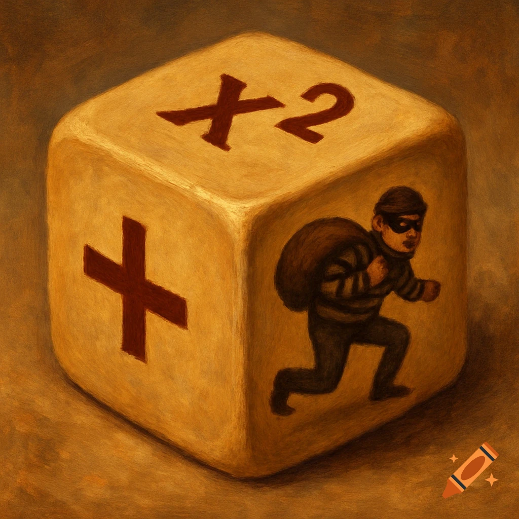 Painting of a large beige dice with a red plus sign, a red 'X2', and a cartoonish thief running on its faces.