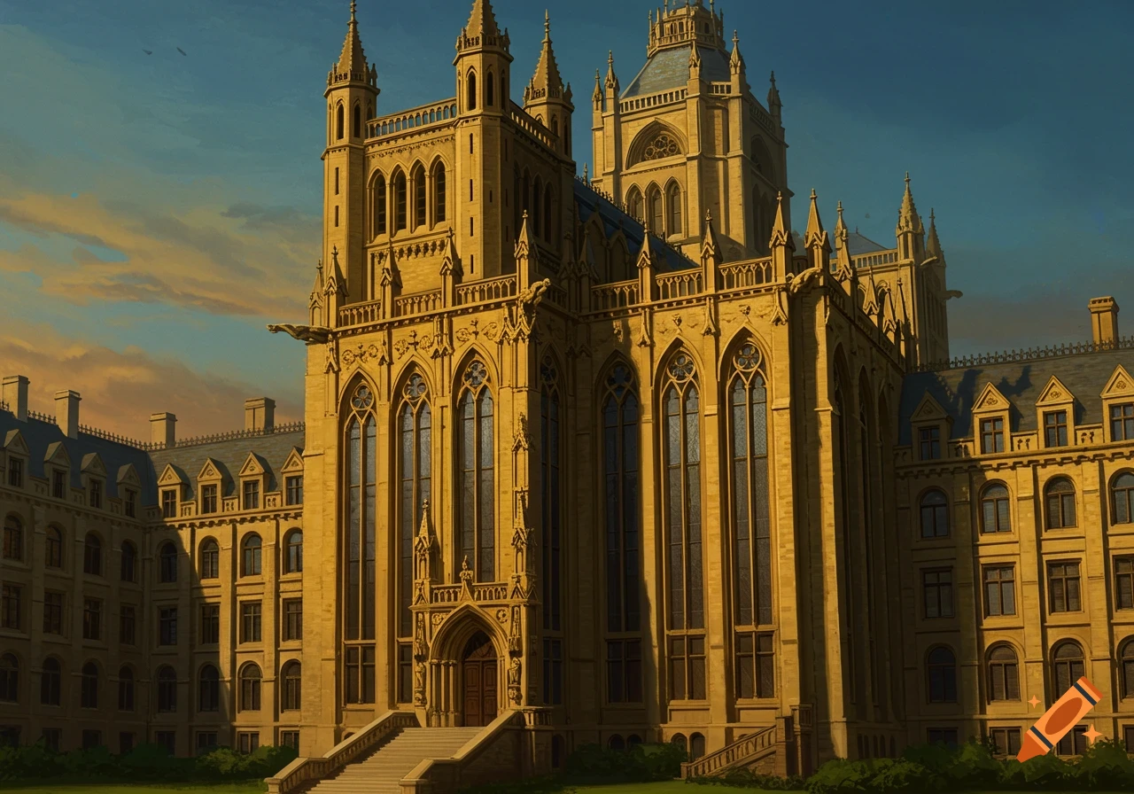 A grand gothic-style building with tall windows, spires, and a large entrance staircase under a warm sky.