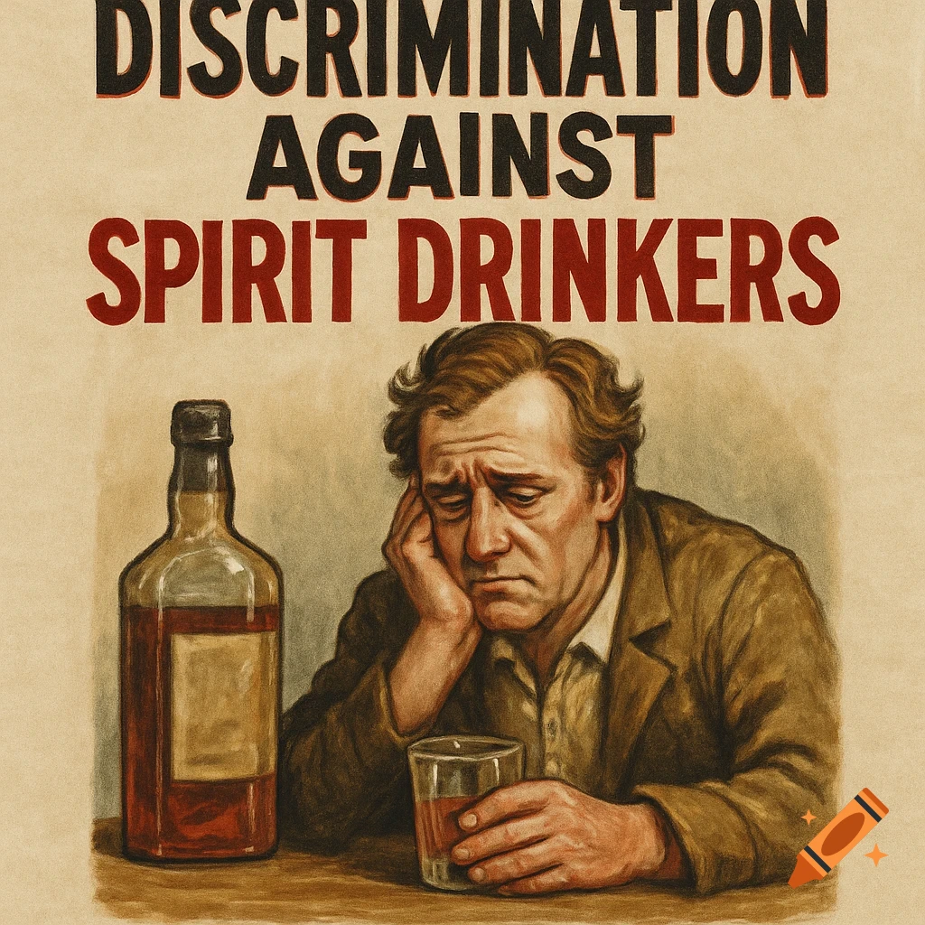 Vintage poster art of a distressed man with a bottle and glass, under text reading 'DISCRIMINATION AGAINST SPIRIT DRINKERS'.