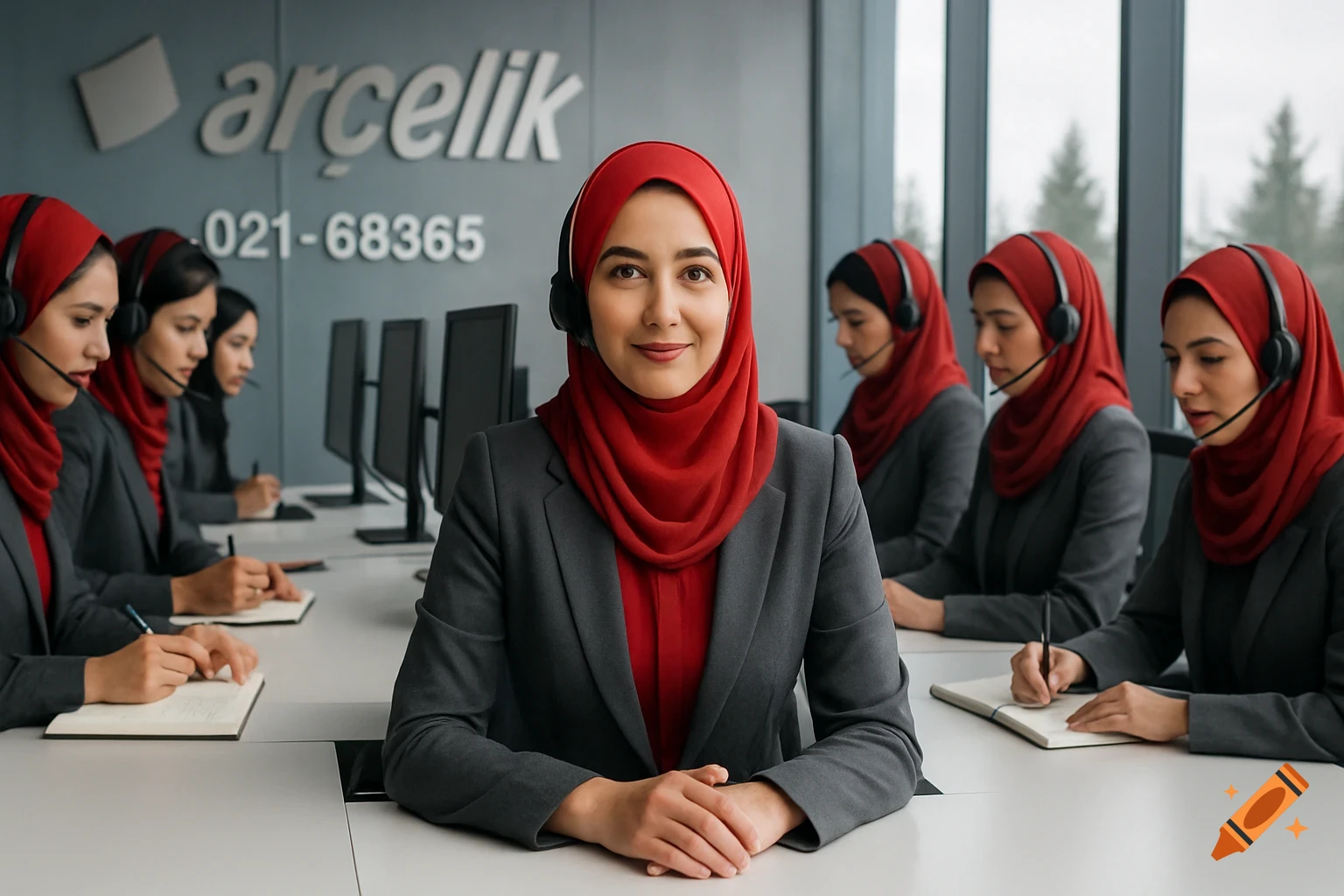 Photorealistic image of six women in a call center, wearing red hijabs and gray suits, with headsets. One woman smiles at the camera, while others work.