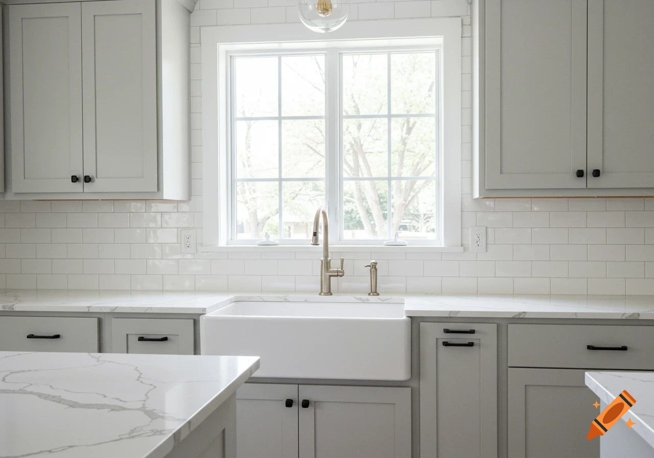 Photorealistic image of a modern kitchen with light gray cabinets, white subway tile, a farmhouse sink, and quartz countertops.