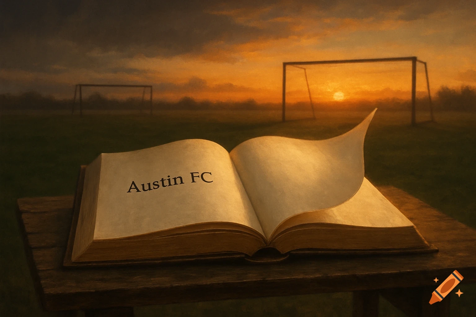A surreal digital painting of an open book on a wooden table in a soccer field at sunset, with 'Austin FC' on the left page.