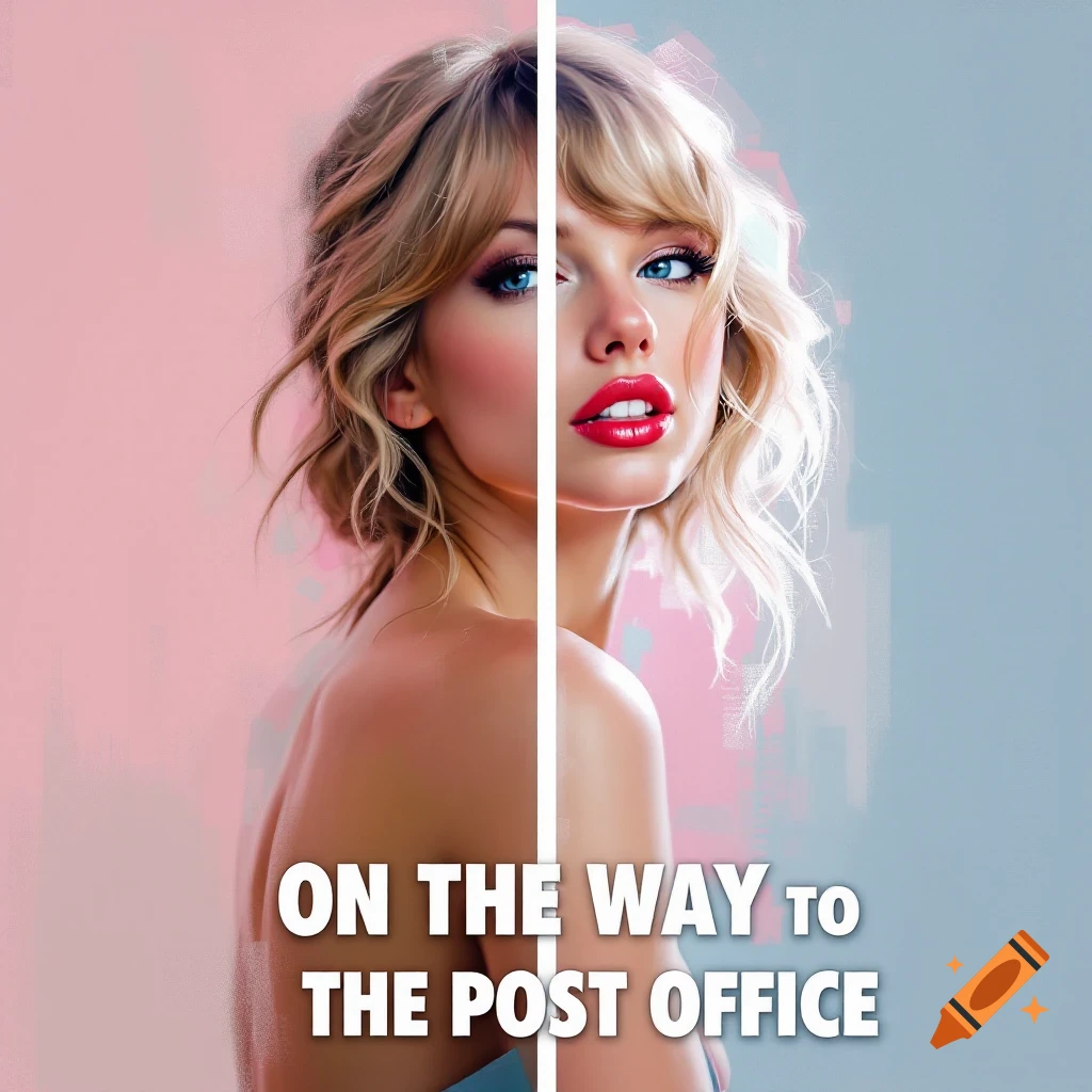 Split image of Taylor Swift with pink and blue backgrounds, text reads "ON THE WAY to THE POST OFFICE".