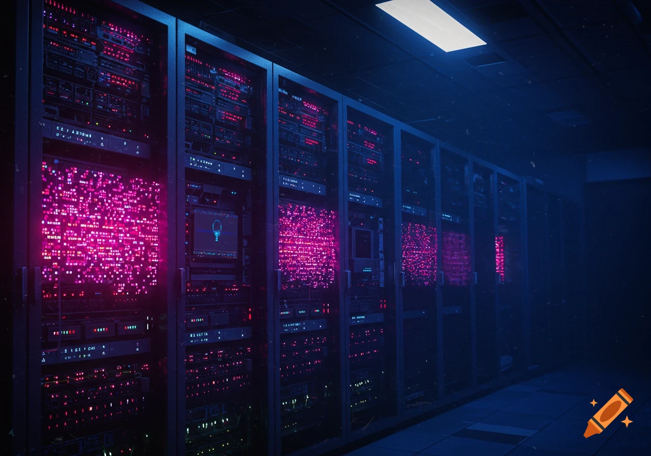 Dark server room with racks glowing with vibrant pink and blue digital data, suggesting a cybersecurity theme.