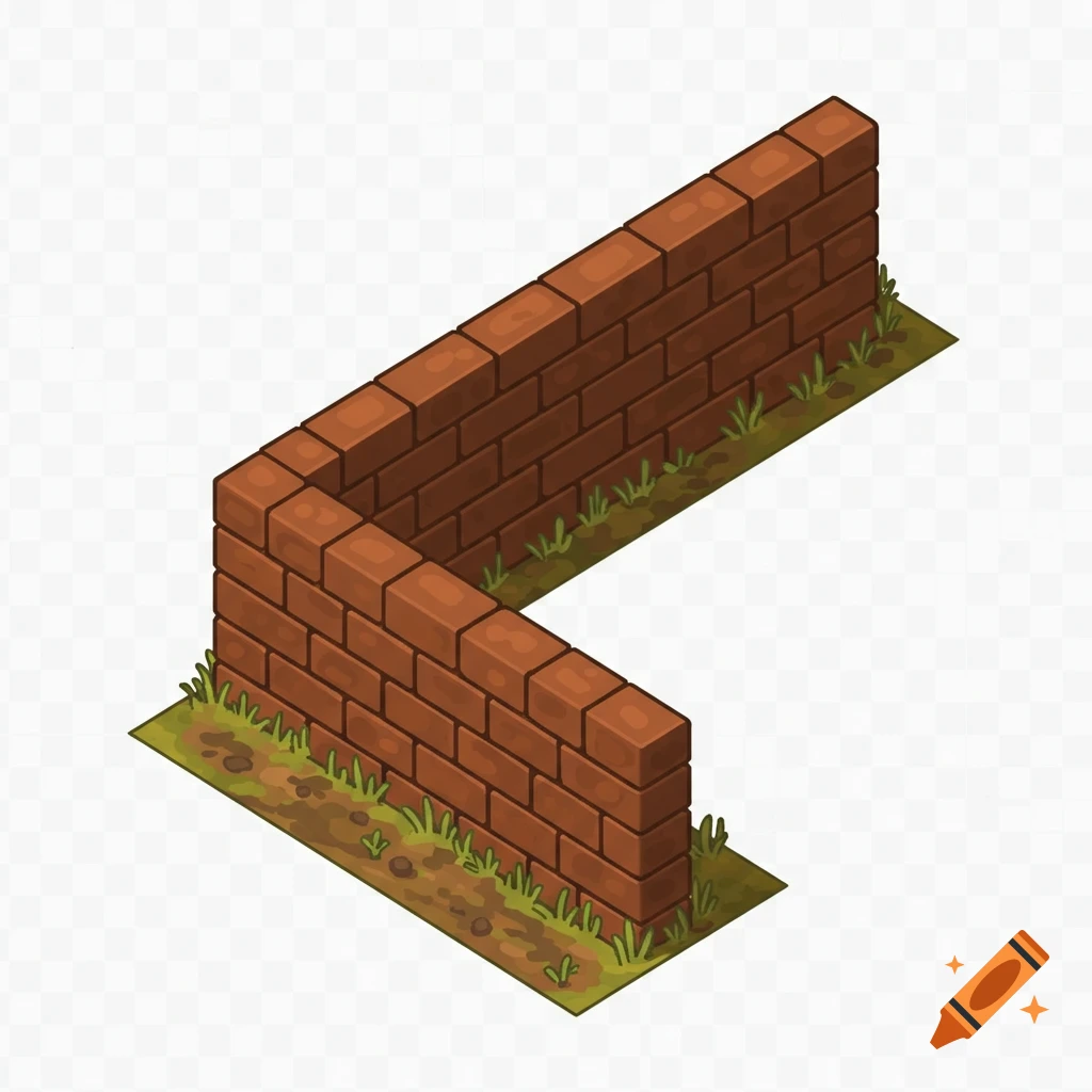 An L-shaped brown brick wall segment with grass and dirt at its base, rendered in an isometric game asset style with a transparent background.