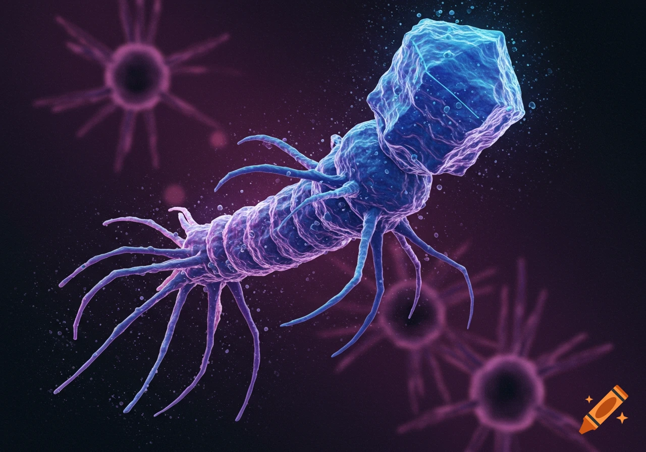 A detailed 3D illustration of a blue and purple bacteriophage virus, with a polygonal head and long legs, against a dark microscopic background with blurred cellular shapes.