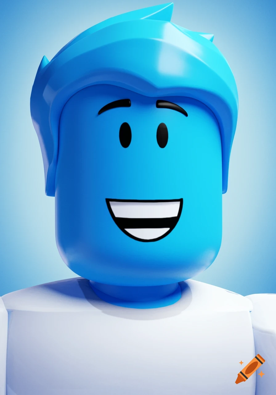 A smiling blue Roblox-style avatar with a white shirt against a blue gradient background, rendered in 3D.