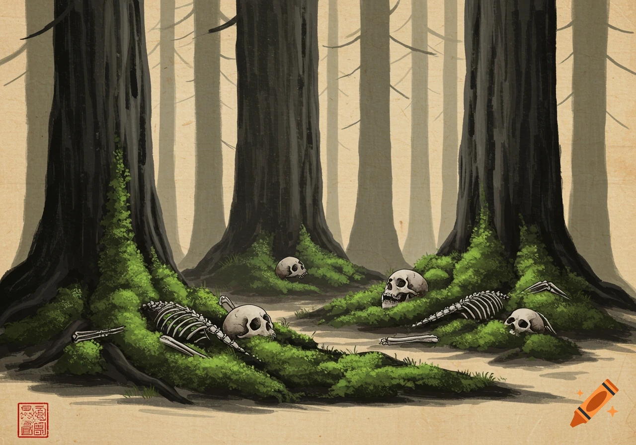 Stylized Japanese Zen art of a redwood forest floor with mossy mounds and scattered skeletons and skulls on papyrus.