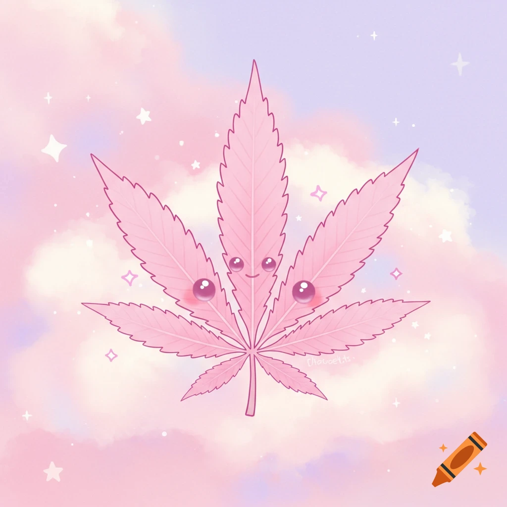 A cute, pastel pink cannabis leaf with a smiling face and big eyes against a soft pink and blue sky with stars.