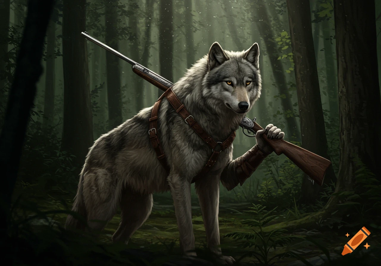 A majestic grey wolf, wearing a leather harness, stands in a dark forest holding a rifle over its shoulder with one paw.