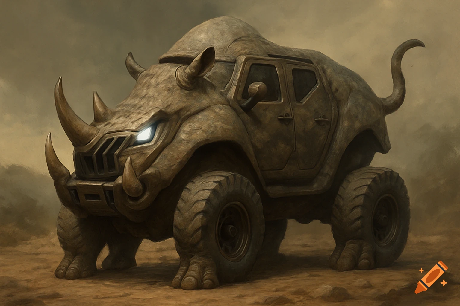 A rugged, brown, rhinoceros-inspired off-road vehicle with glowing eyes and large tires on dusty terrain, in a concept art style.