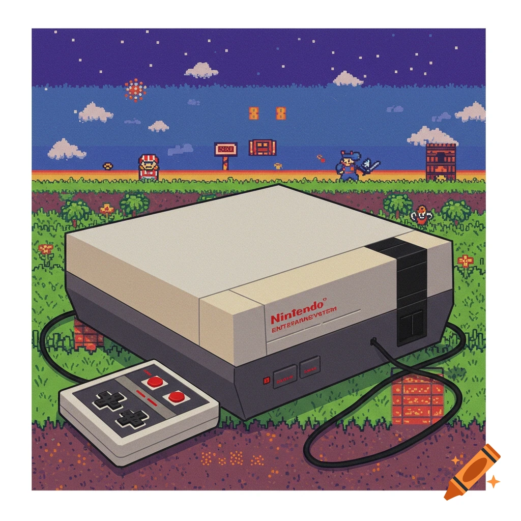 Isometric pixel art of a Nintendo Entertainment System console and controller on an 8-bit video game landscape.