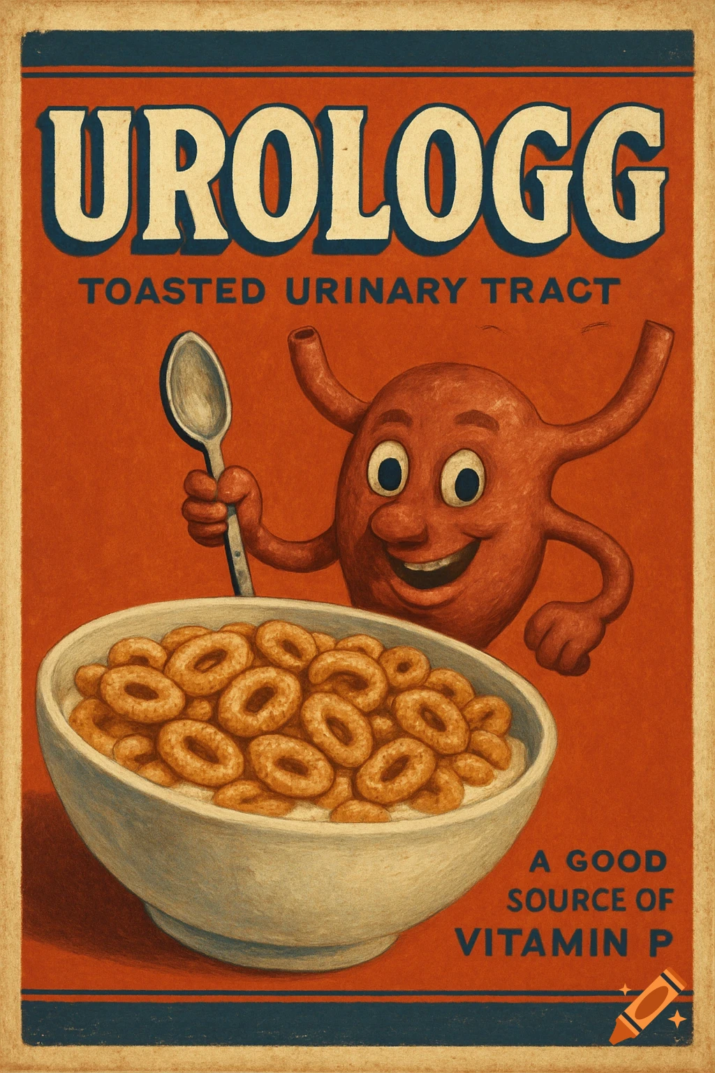 Vintage cereal box for 'Urologg Toasted Urinary Tract' featuring a smiling bladder character holding a spoon over a bowl of cereal.