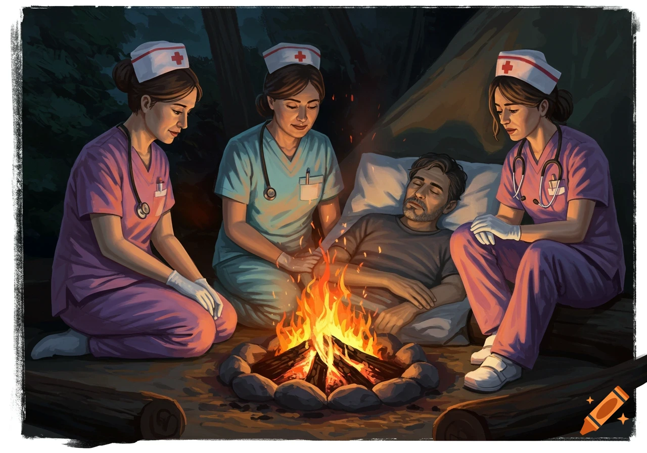 Three nurses tend to a man sleeping on a pillow next to a crackling campfire at night, with a tent in the background.