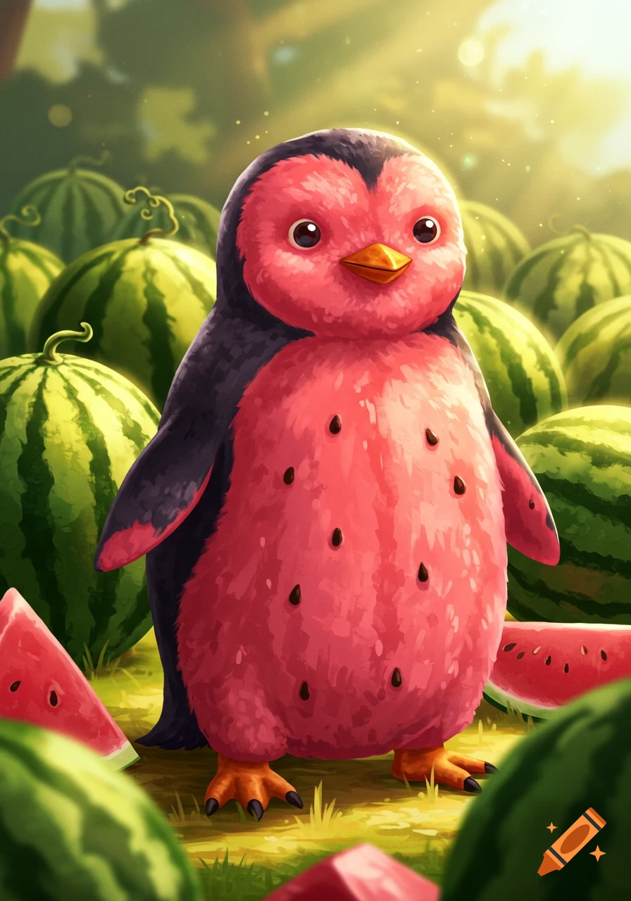 A cute, cartoon watermelon-themed penguin stands among whole and sliced watermelons in a sunny field.