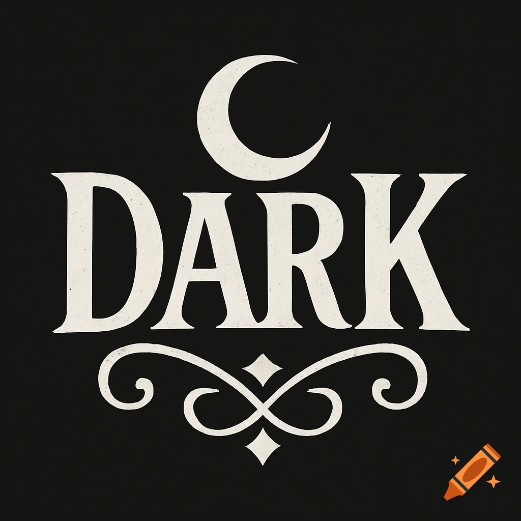 White word 'DARK' logo with a crescent moon and ornate flourish on a black background.