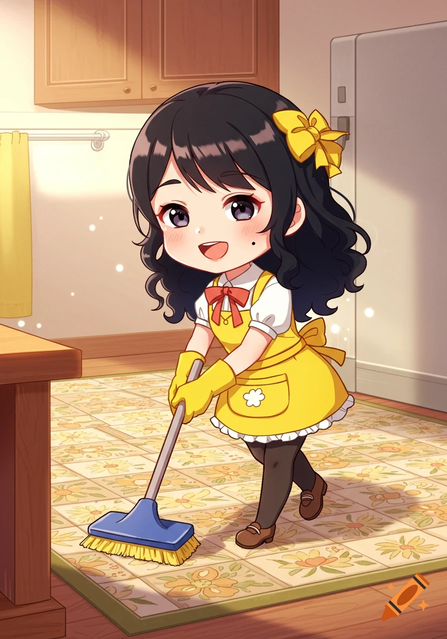 A cute chibi anime girl with dark hair and a yellow apron sweeping a patterned floor in a kitchen.