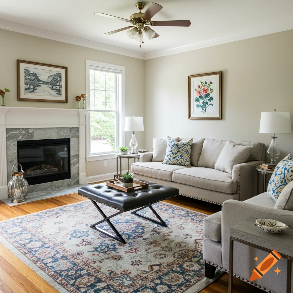 A cozy, well-decorated living room with a fireplace, light sofa, dark leather ottoman, and patterned rug.