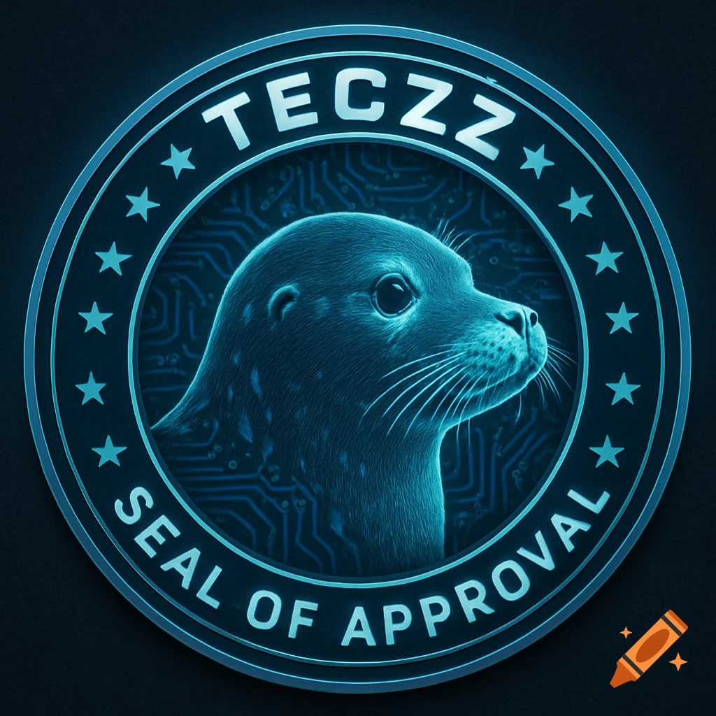Circular glowing blue and black emblem with a seal animal head, text 'TECZZ' and 'SEAL OF APPROVAL', and circuit board patterns.