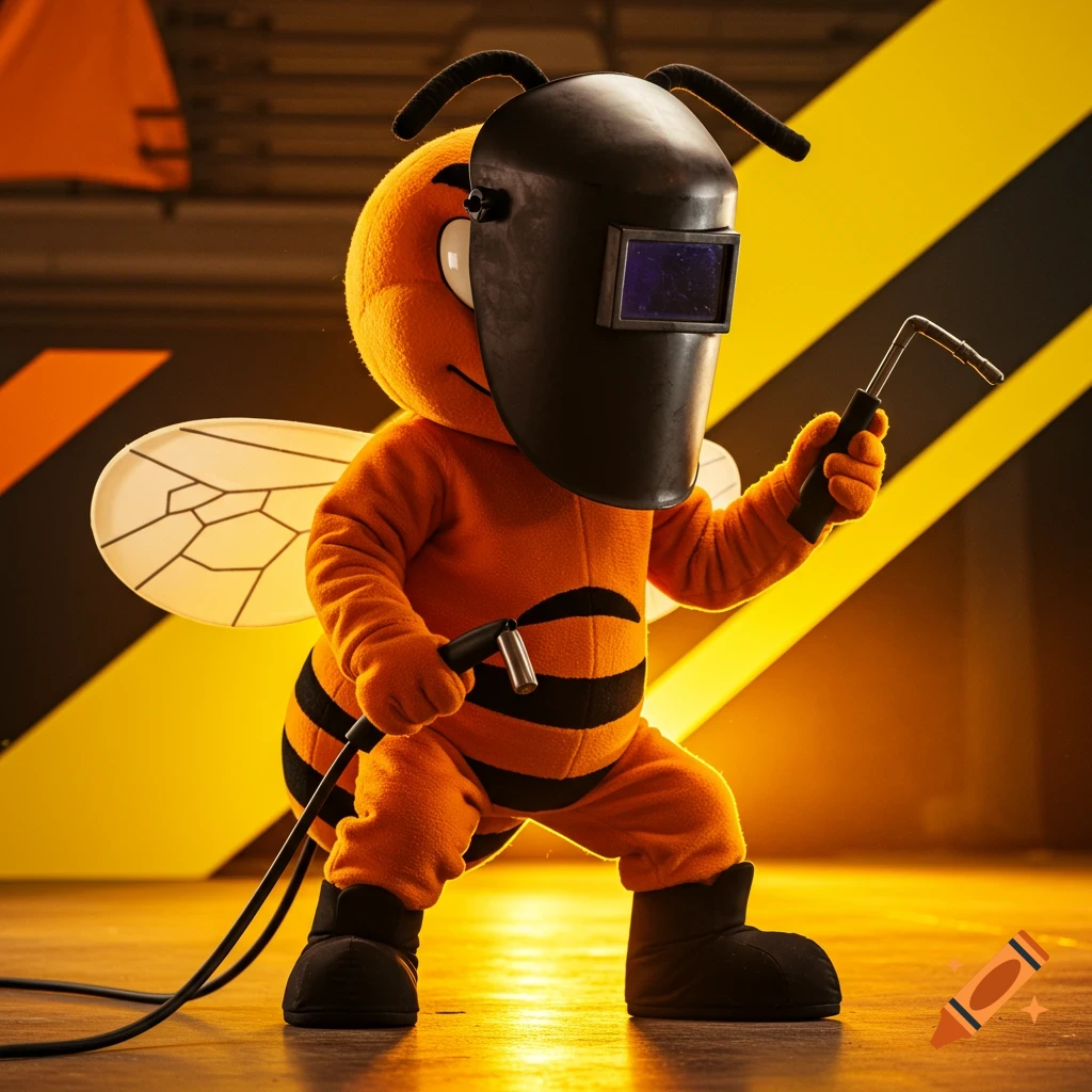 A cartoon orange bee mascot wearing a welding helmet and holding welding tools in a workshop.