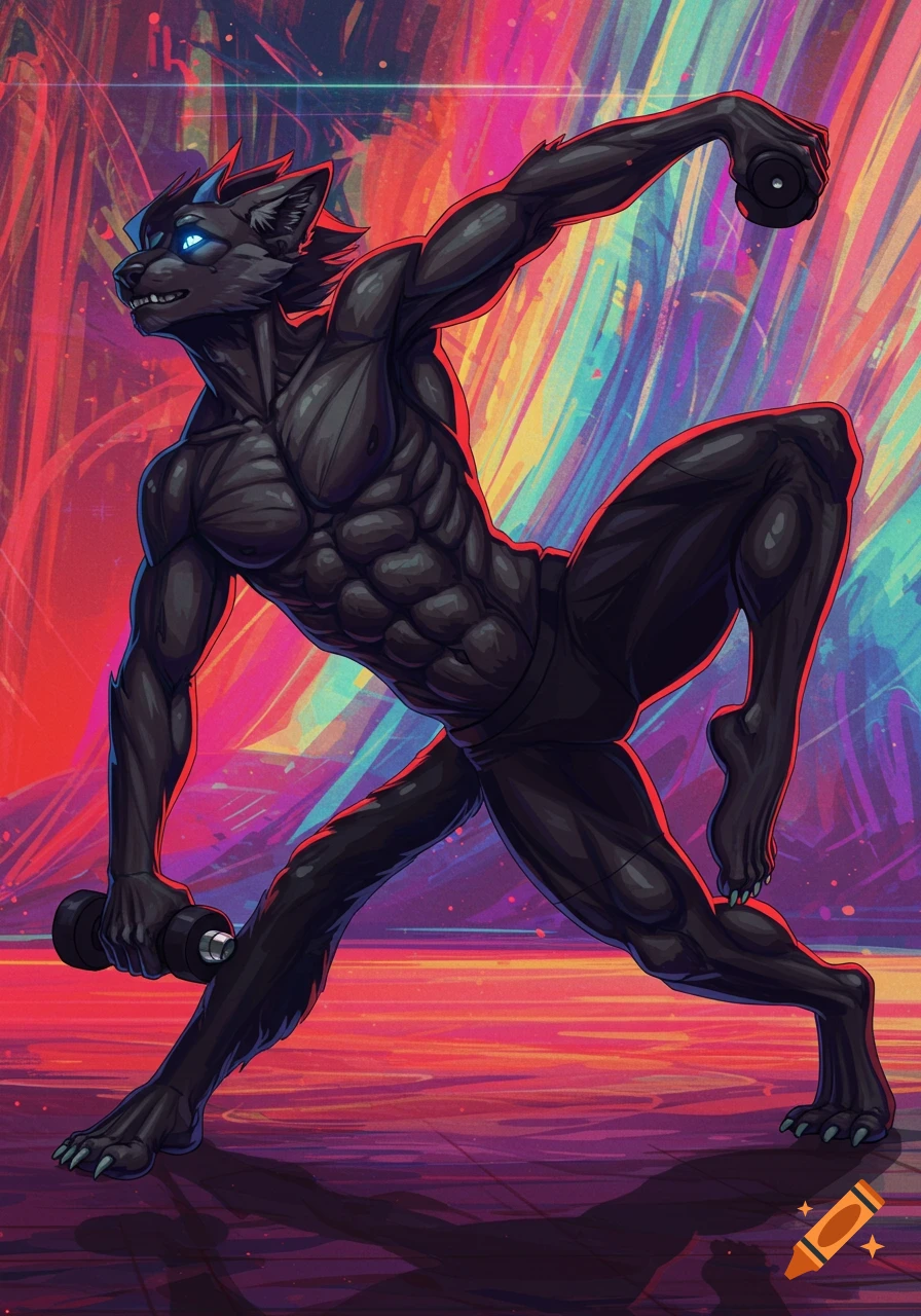 A muscular, black anthropomorphic wolf-like creature in a dynamic pose, holding dumbbells against a vibrant, colorful, abstract background.